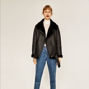 Zara Shearling Moto Biker Faux Leather Jacket Sz S